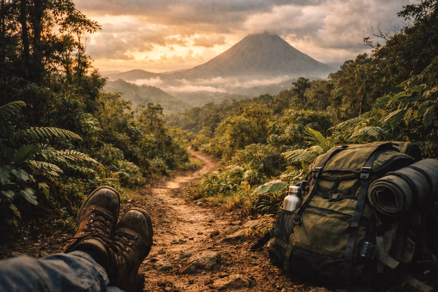 Editorial wide-shot of a Costa Rican rainforest trail at golden hour with hikers from behind