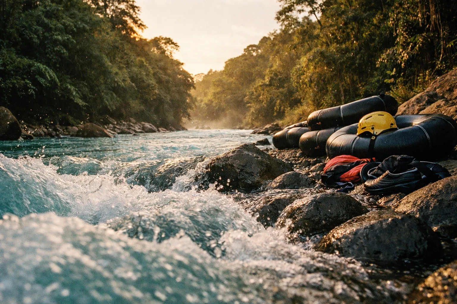Tubing on Rio Celeste with river rapids and forested banks, silhouettes of tubes in warm light