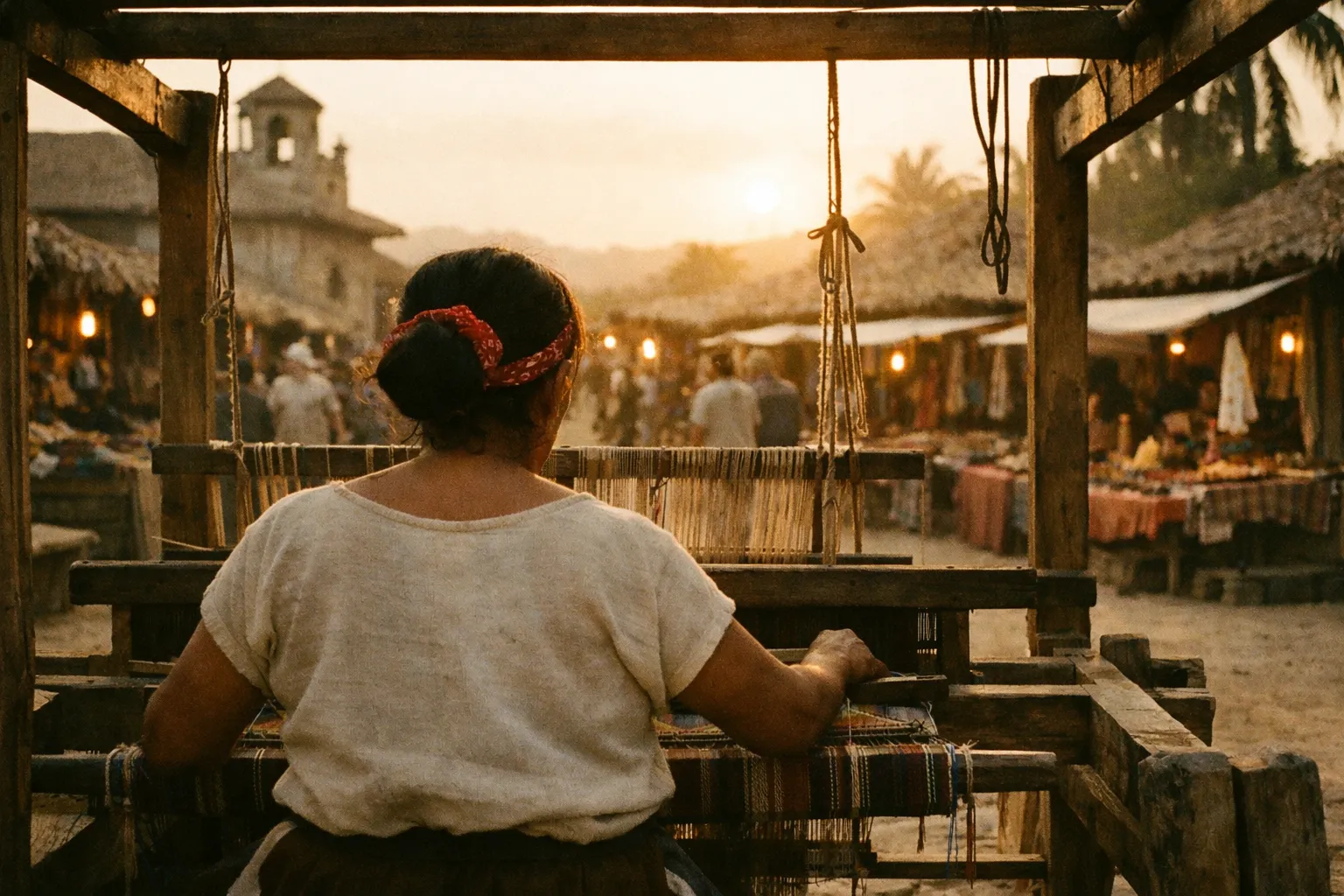 Costa Rican artisan weaving in a village square, seen from behind at golden hour