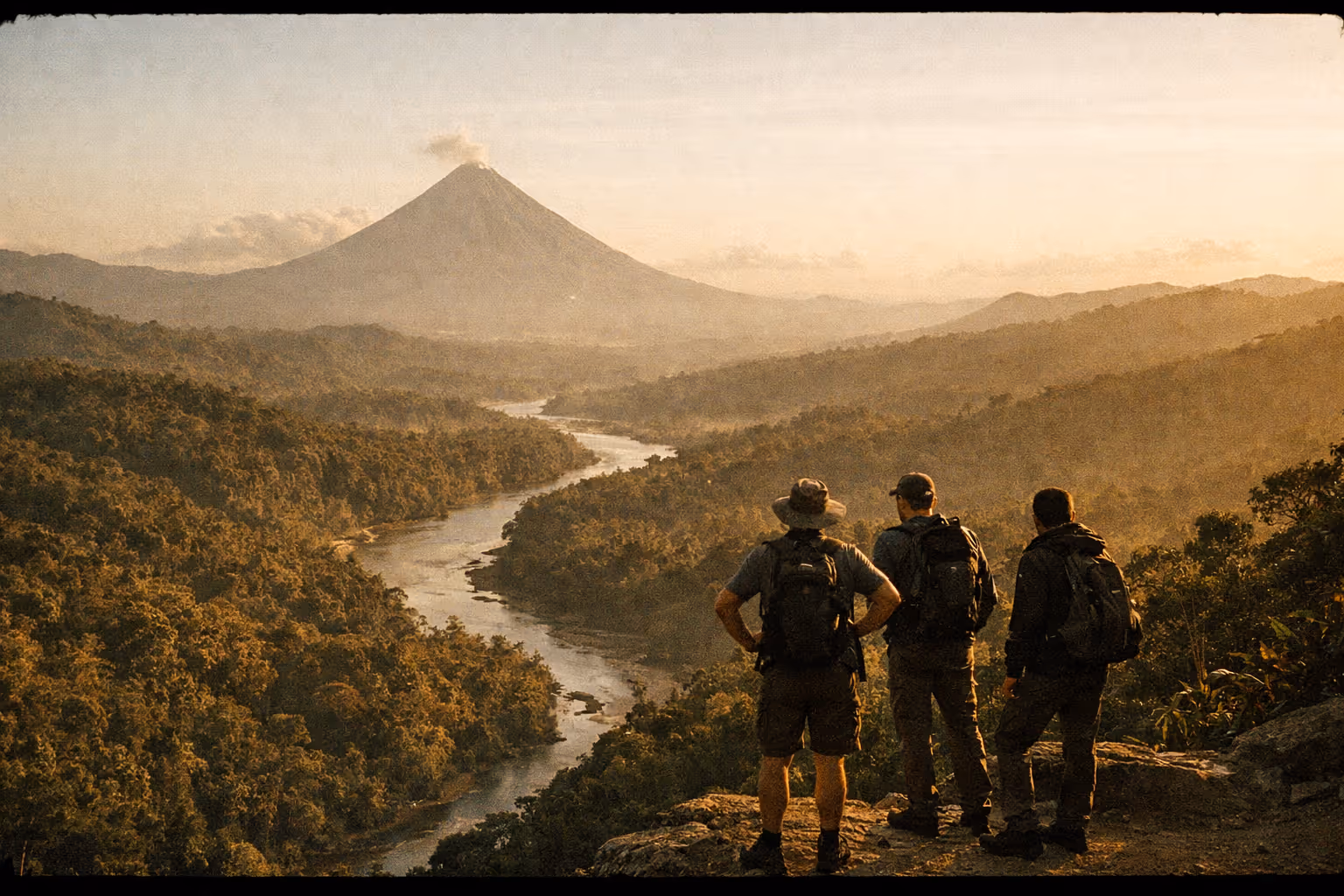 Editorial panorama of Costa Rica’s volcanic highlands and lush rainforest, with distant summit and hikers seen from behind on a lookout