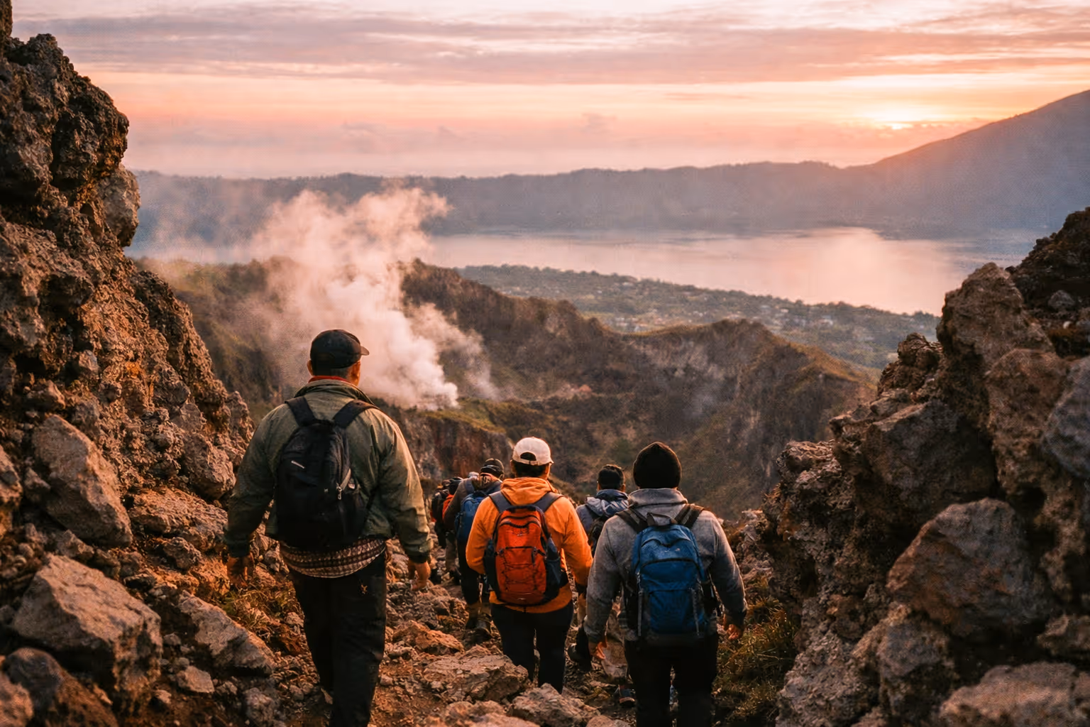Hikers on Mount Batur crater rim at sunrise, seen from behind with a guide.