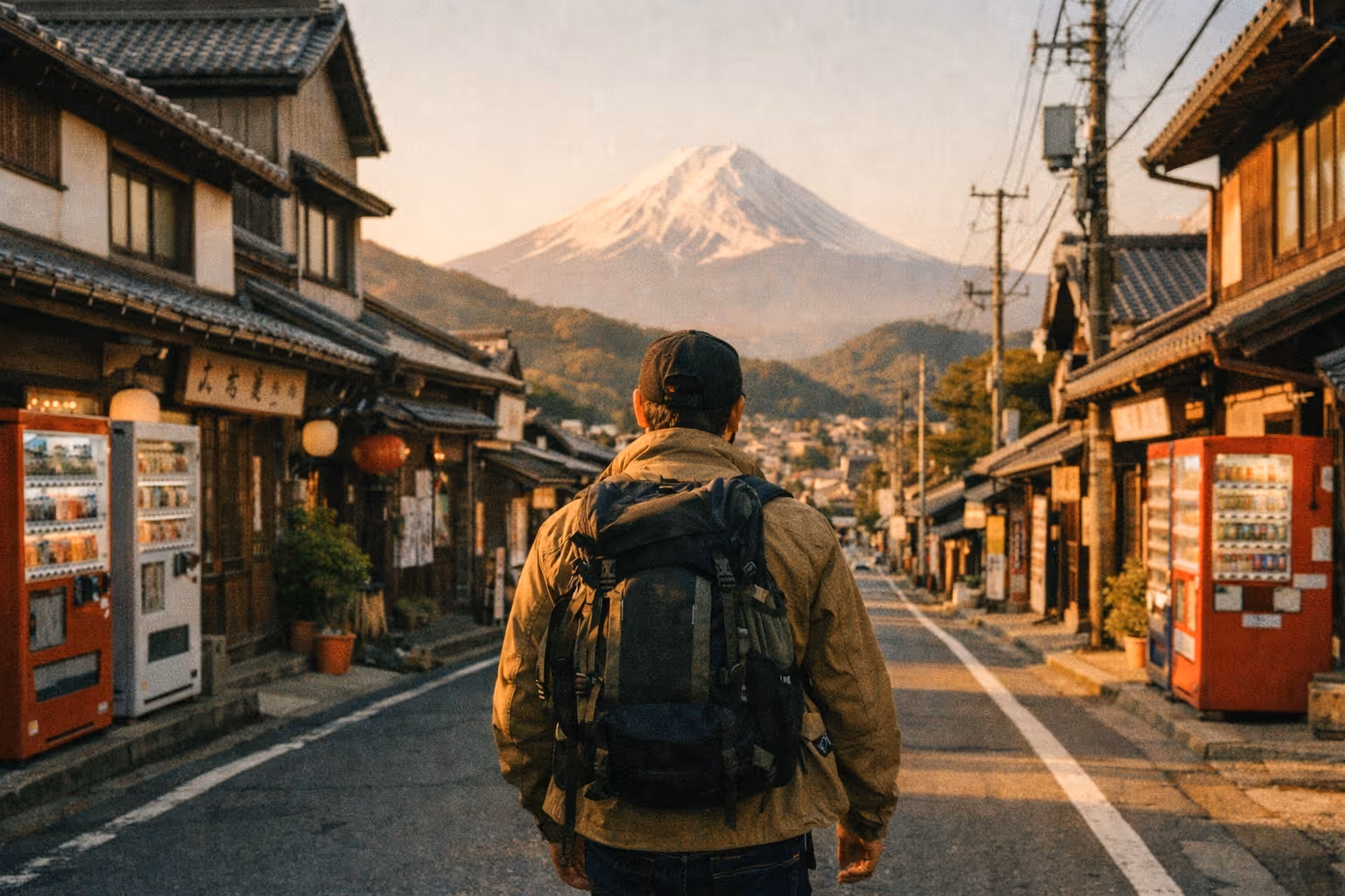 Editorial wide shot of a budget-minded traveler exploring a quiet Japanese town, backpack on, seen from behind, with a mix of urban storefronts and distant mountains