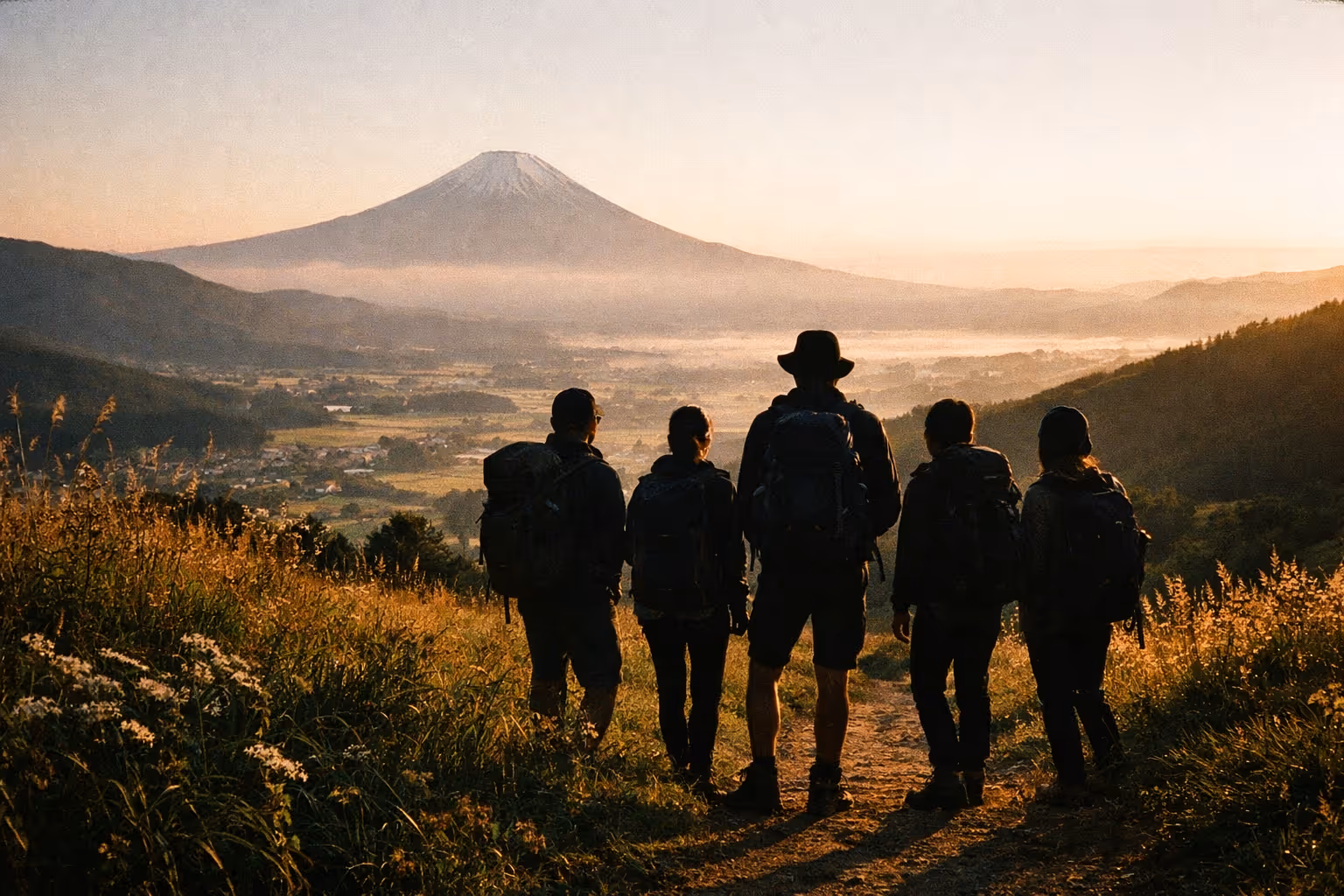 Editorial feature image: travelers with backpacks overlook Mount Fuji across a rural Japanese valley at golden hour