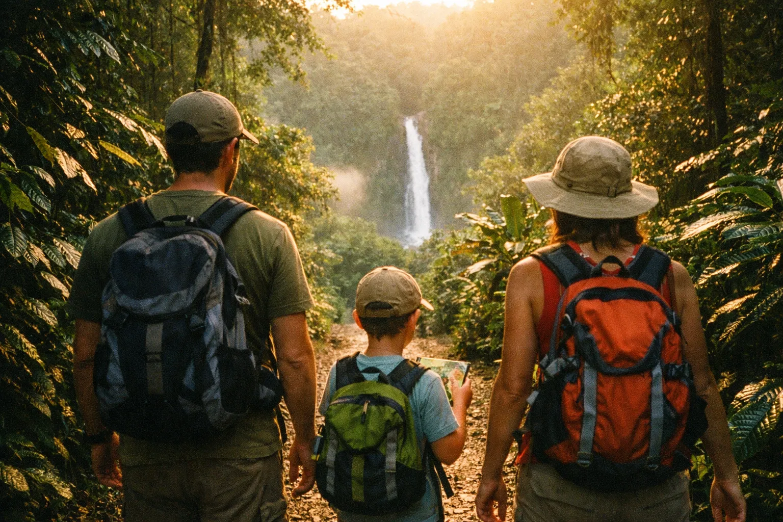 Family seen from behind on a rainforest trail in Costa Rica during golden hour, lush greenery and distant waterfall