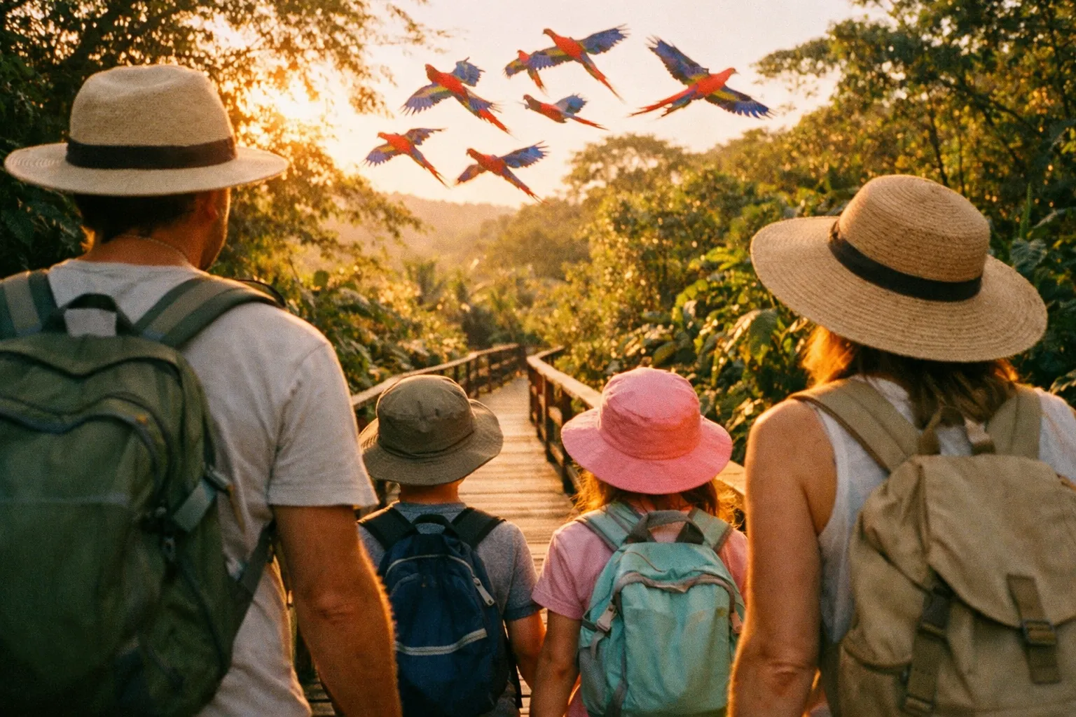 Family from behind on a raised boardwalk in a Costa Rica reserve, macaws flying overhead