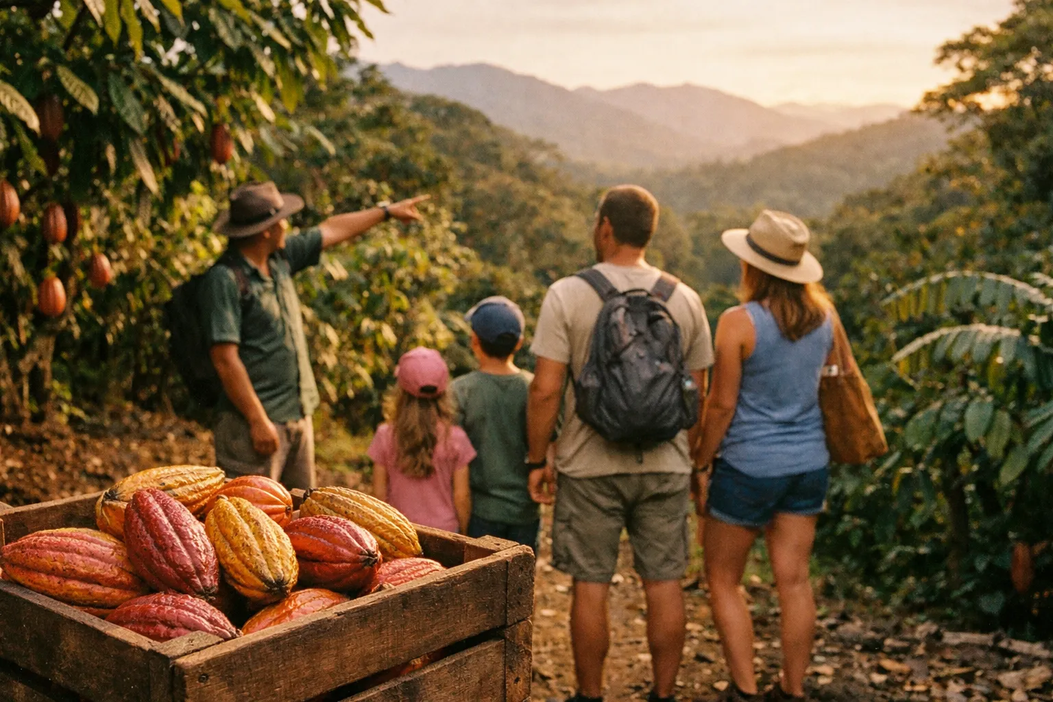 Family seen from behind near a cacao farm, cacao pods in foreground, rainforest background