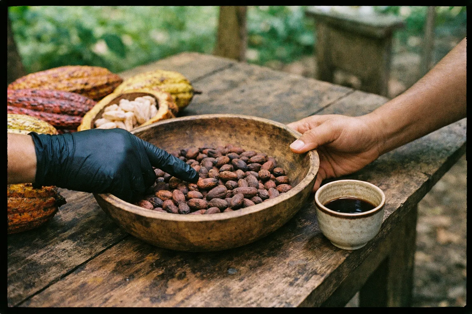 Hands handling cacao beans on a wooden table at a Costa Rican cacao workshop, no faces