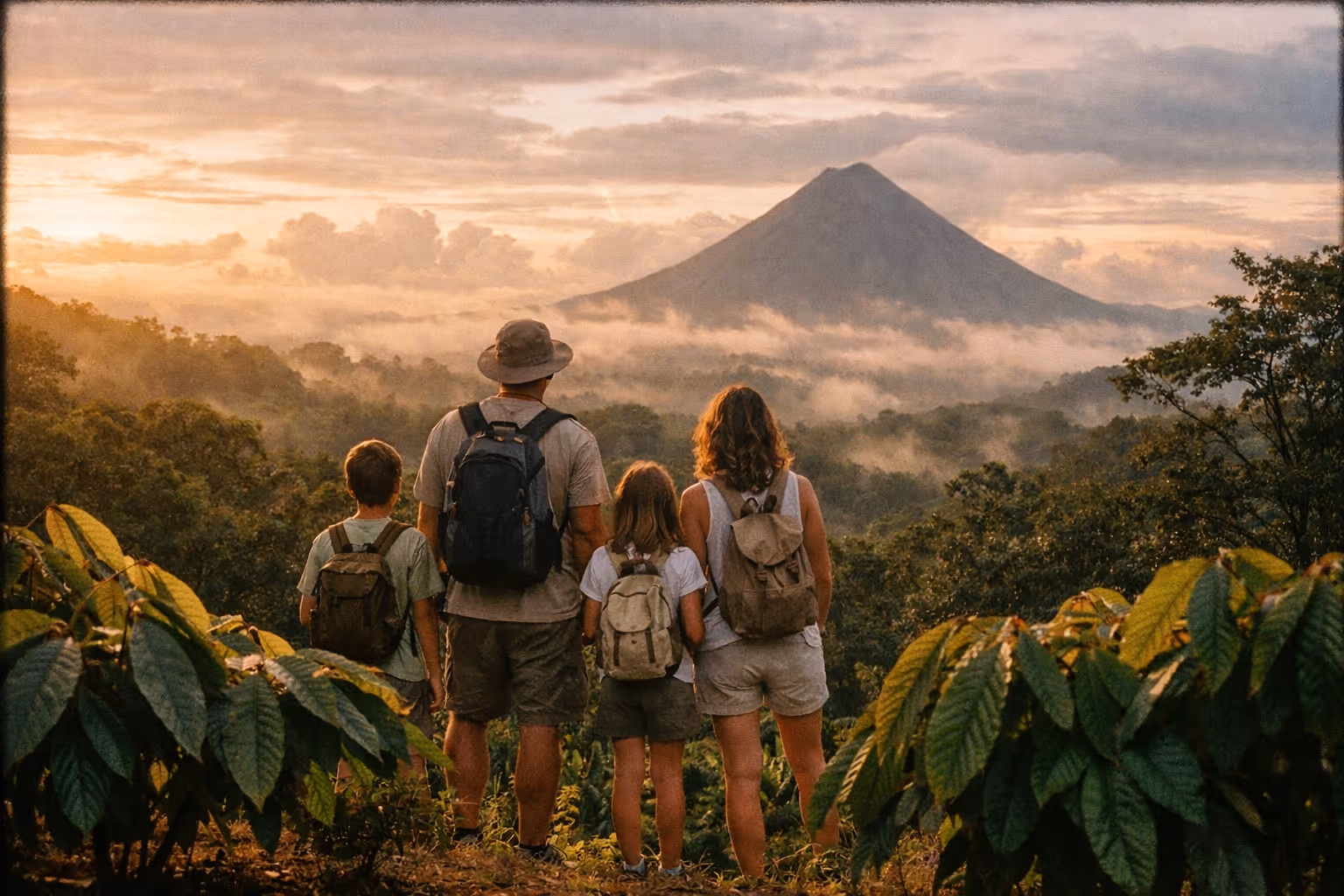 Family silhouette overlooking Costa Rica rainforest with cacao fields in foreground at golden hour