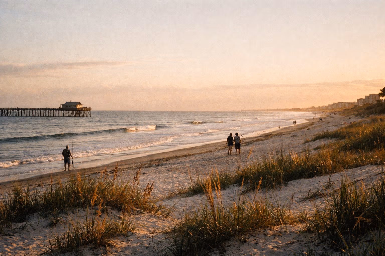 Editorial wide shot of Cocoa Beach at golden hour, featuring the shoreline, a distant pier, and calm water to illustrate free or low-cost activities