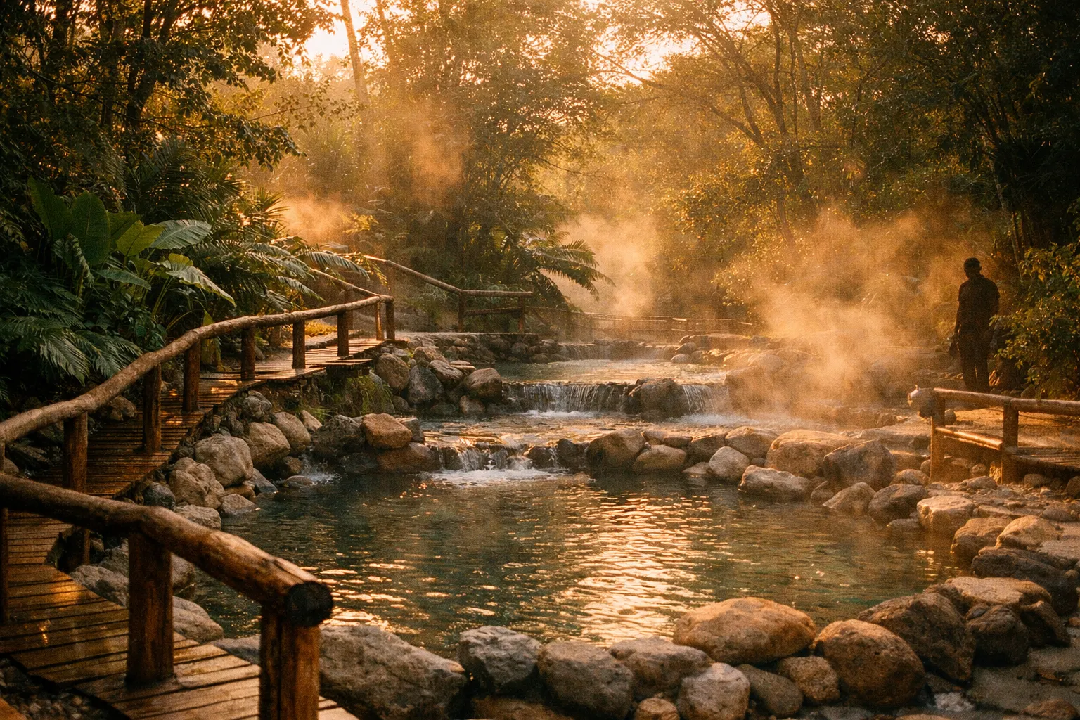 Geothermal pools among tropical plants and steam in a tranquil setting