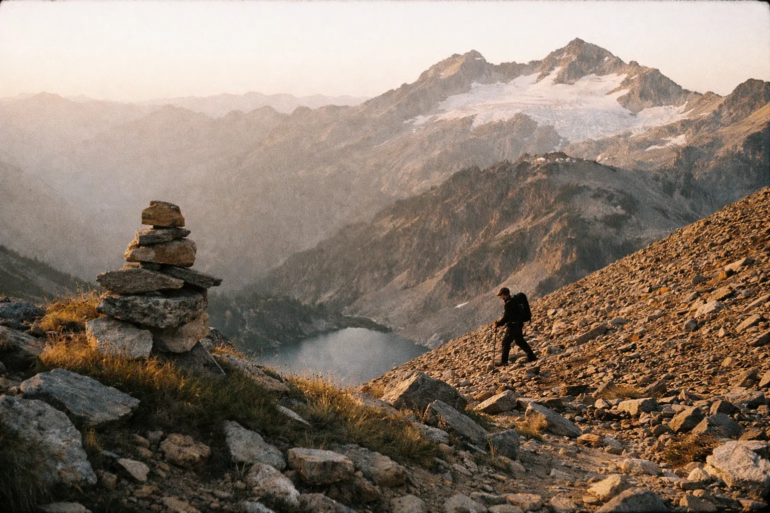 Upper Sahale Arm trail with loose scree and cairns, distant Doubtful Lake and Sahale Glacier Camp