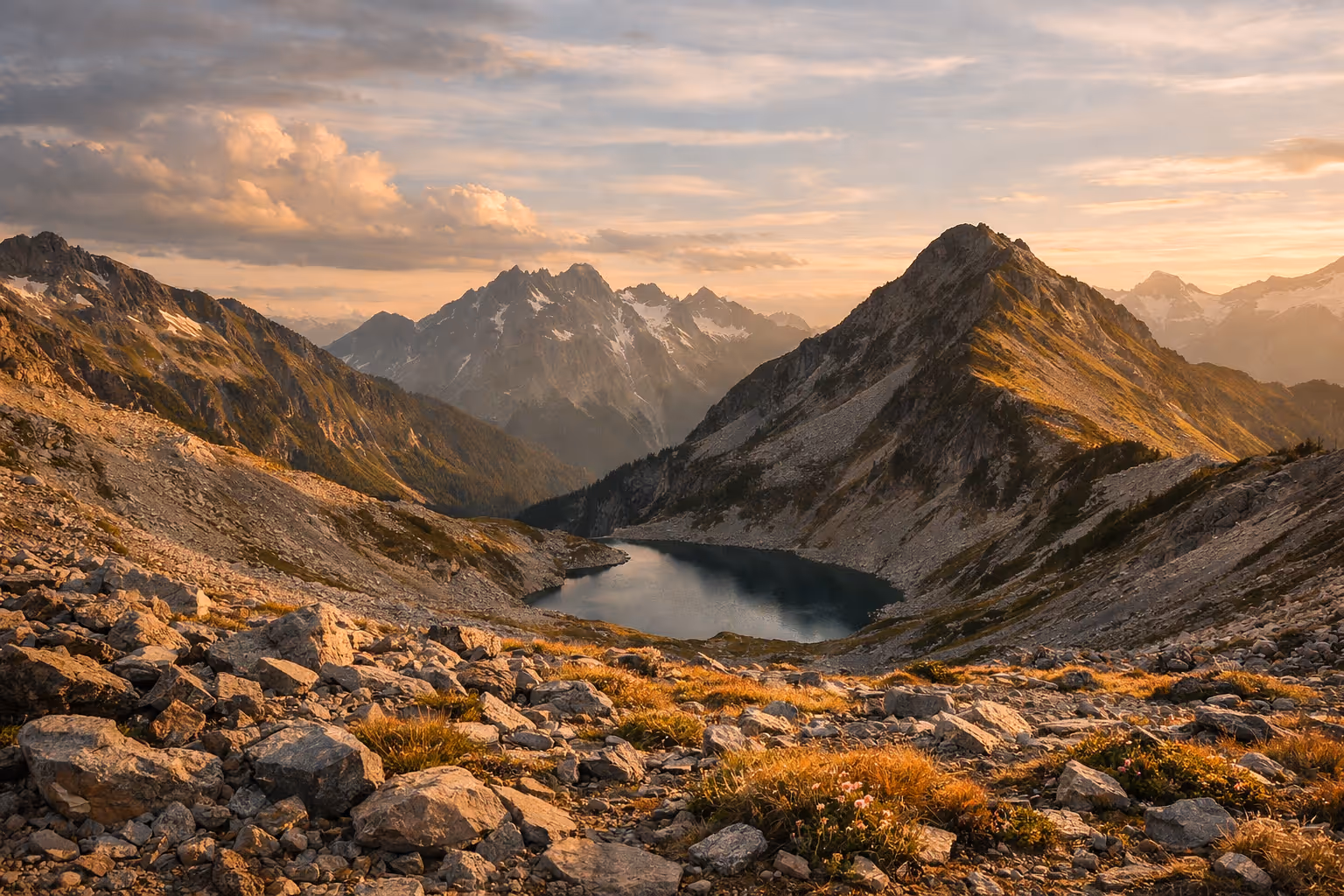 Wide editorial panorama of Cascade Pass at golden hour showing Sahale Arm ridge, Doubtful Lake basin, and distant peaks