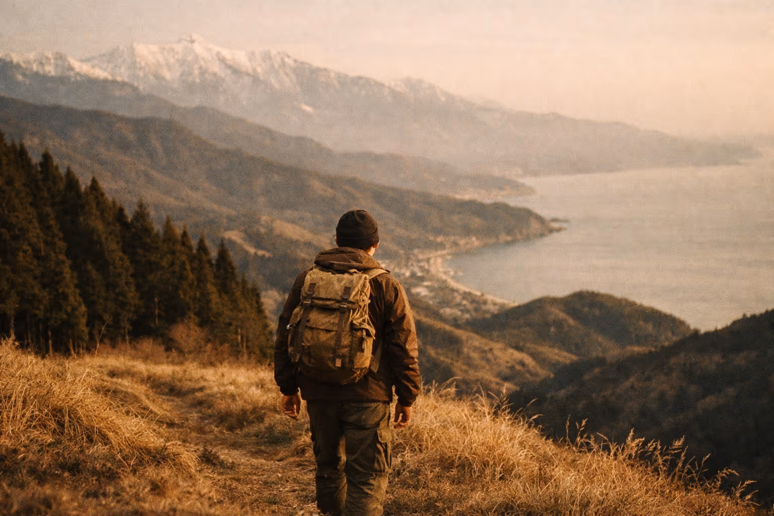 Editorial hero shot: lone hiker silhouette on a ridge with Japan’s alpine landscape at golden hour