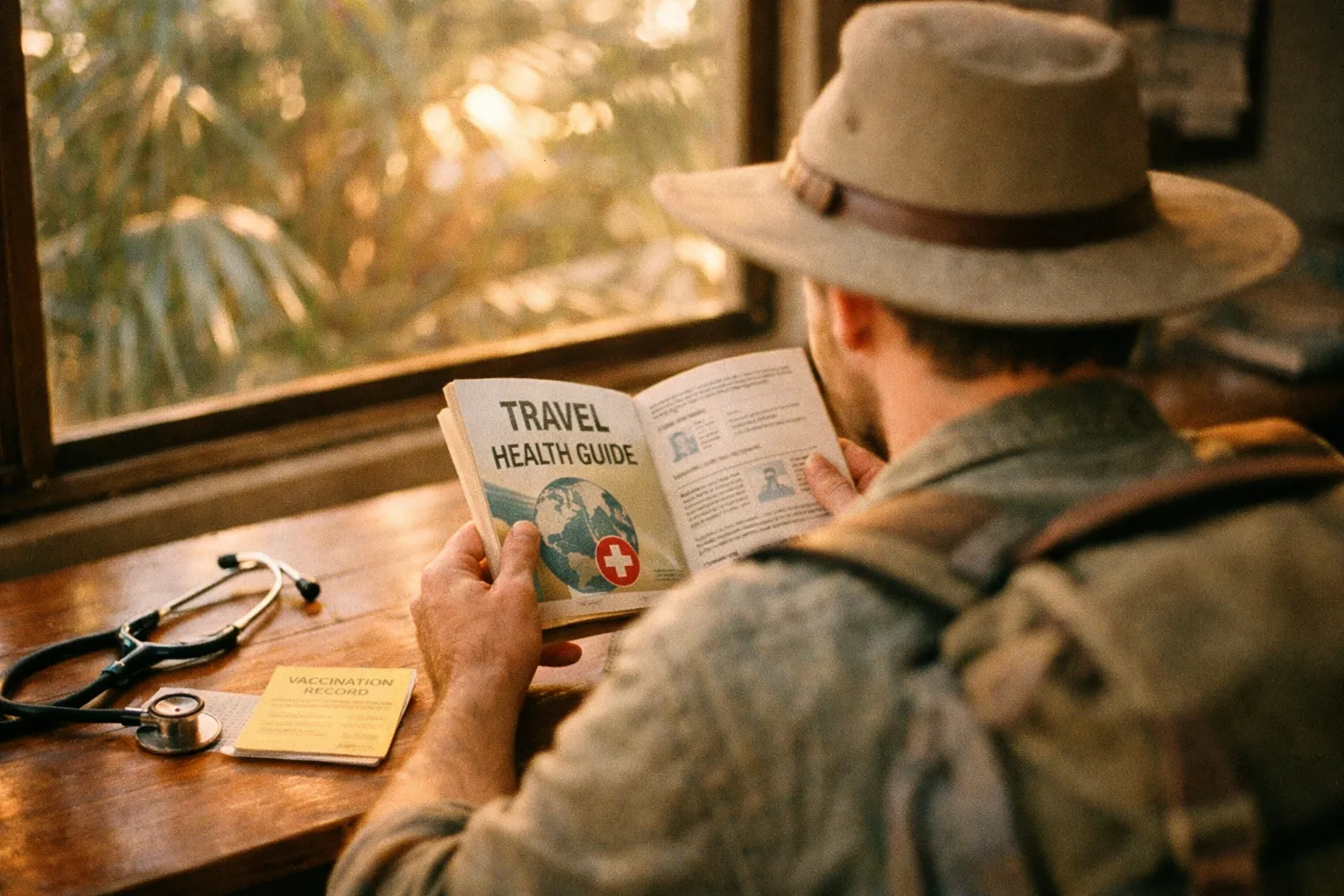 From-behind traveler studying a travel health guide at a clinic, warm light filtering through foliage