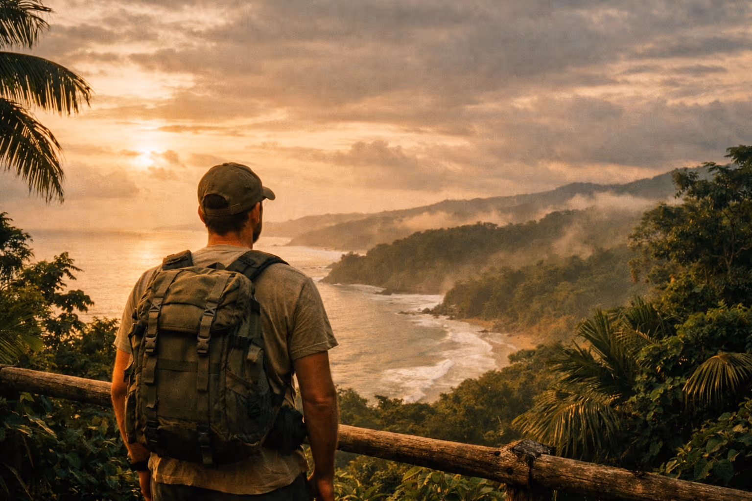 Lone traveler overlooking Costa Rican coast at golden hour, symbolizing safe travel