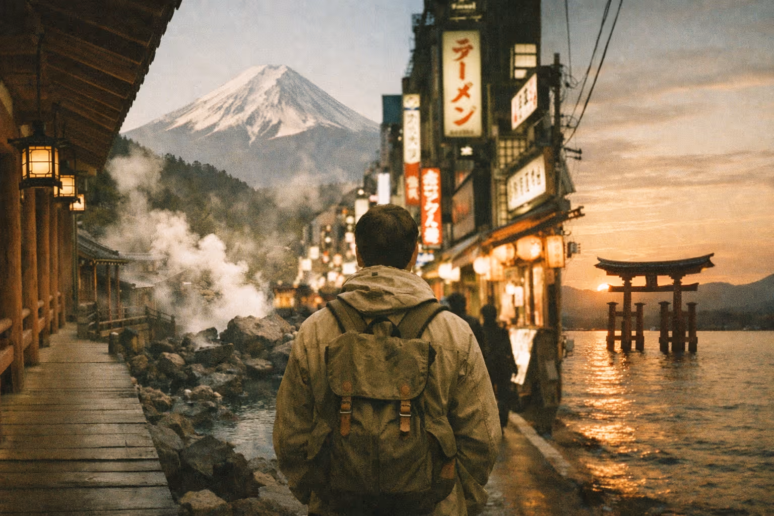 Panoramic editorial collage of Kyoto, Hakone, Tokyo, and Miyajima