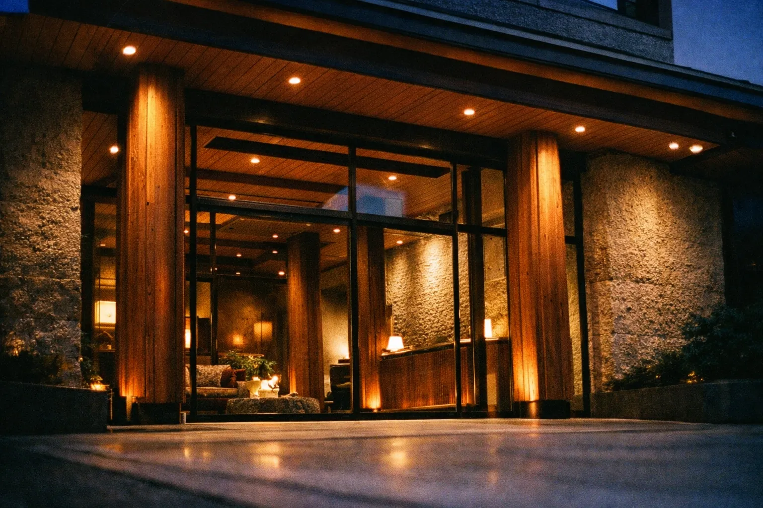 Tokyo boutique hotel exterior and lobby details with timber beams and artful lighting.