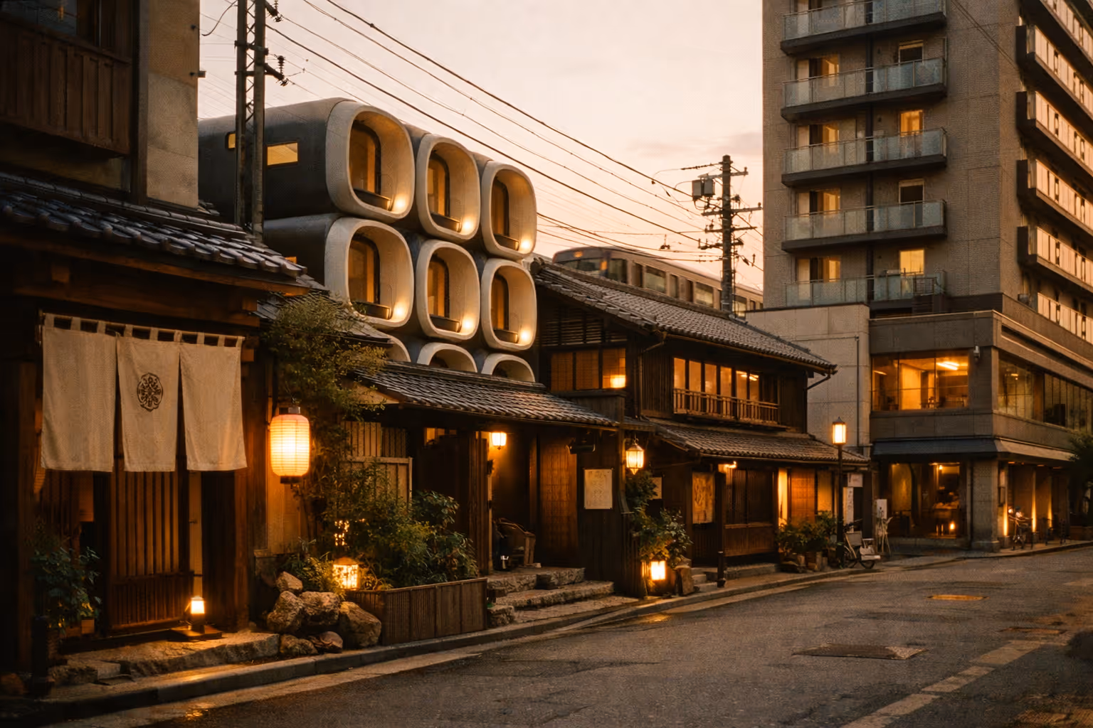 Editorial panorama showing a street-level collage of Japan’s rental types—from ryokan to capsule hotels—at golden hour.