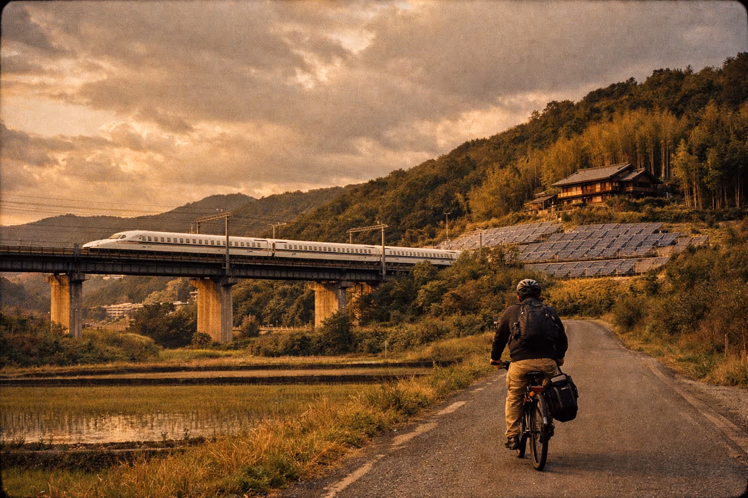 Editorial panorama of Japan embracing sustainable travel: a Shinkansen glides through a valley at golden hour, a cyclist on a rural road, solar panels on a hillside, and a tranquil lodge amid bamboo groves.