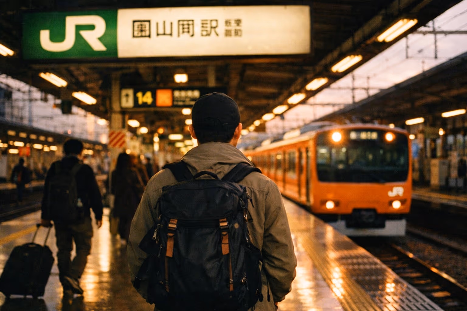 Editorial cover shot: traveler in silhouette at a busy Japanese rail hub as trains roll in during golden hour