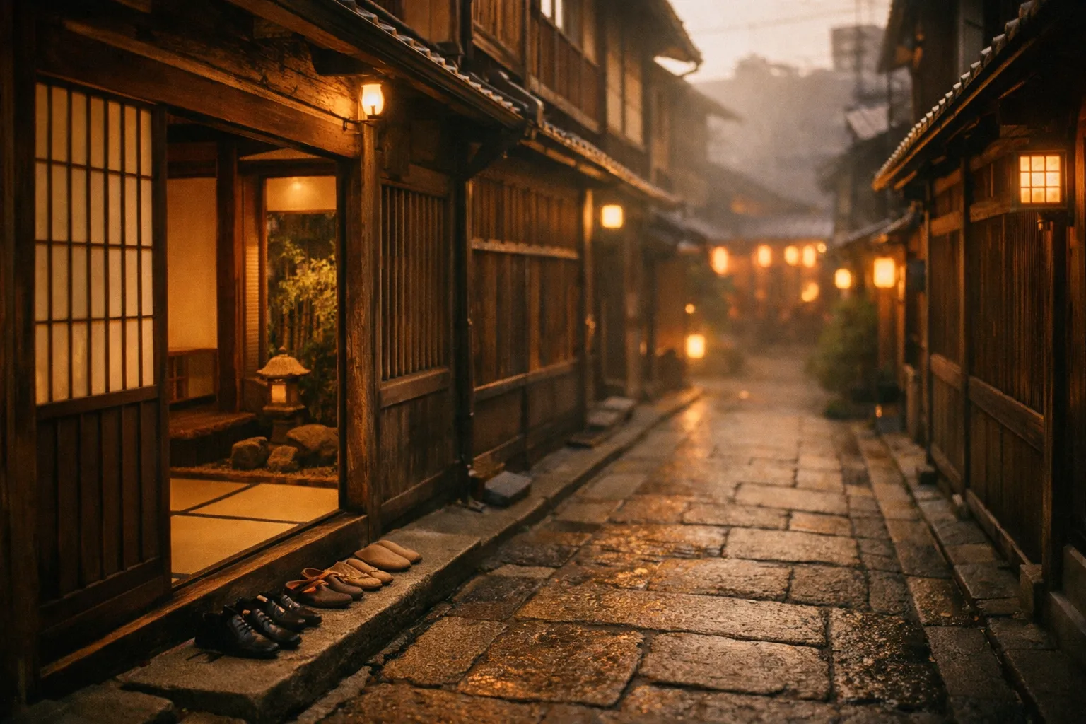 Kyoto machiya street at golden hour showing wooden townhouses, sliding doors, and a quiet pedestrian path