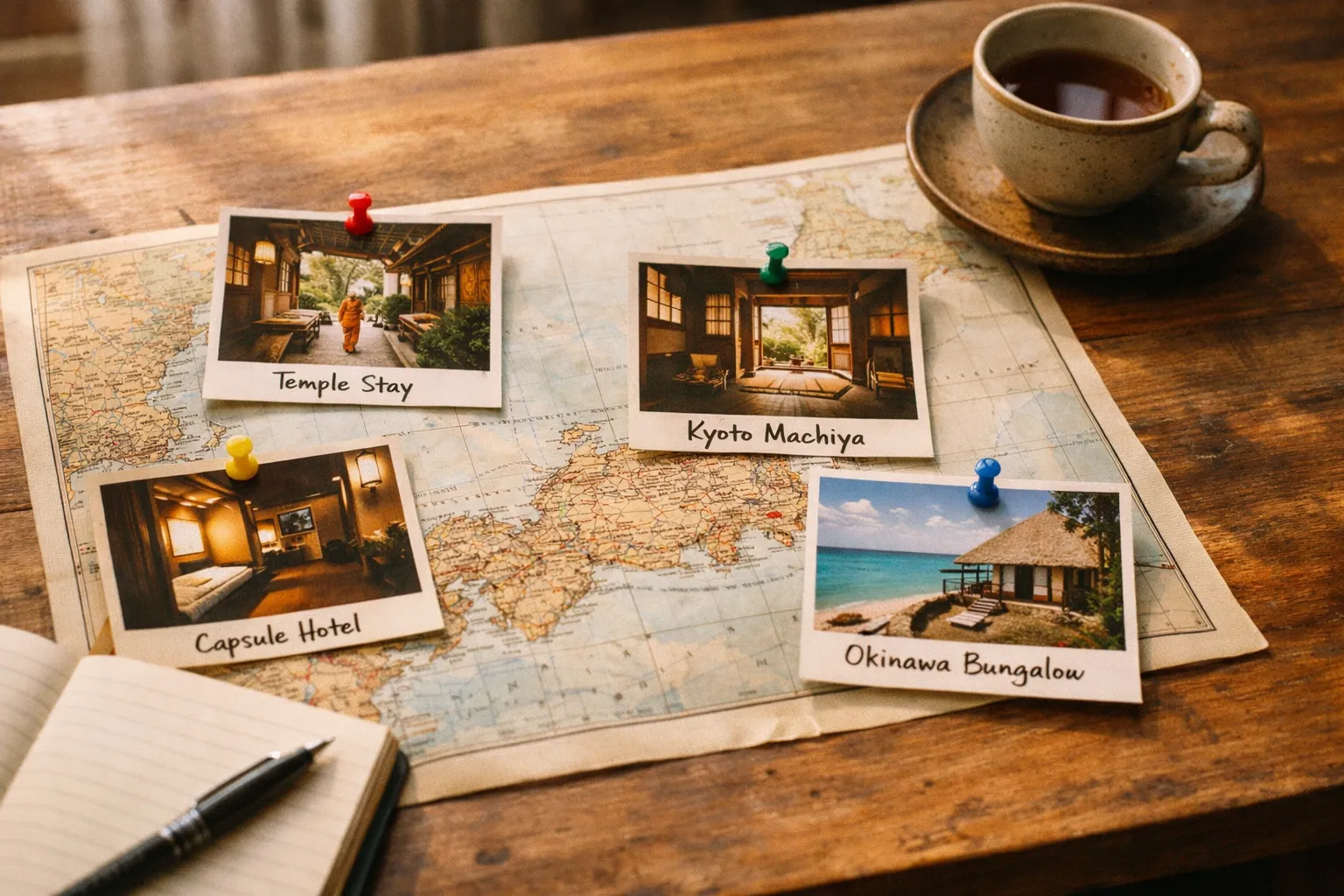 Desk planning scene with a map, photos and notes comparing temple stays, machiya, capsules and Okinawa bungalows.
