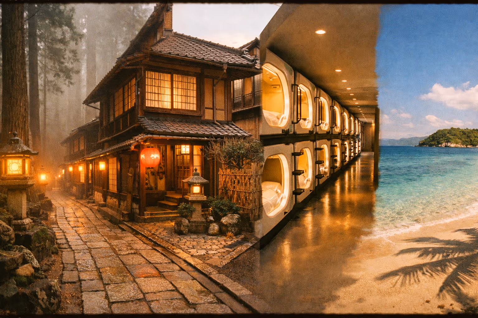 A panoramic editorial montage of Japan's unique stays: Koyasan temple lodging among cedar trees, Kyoto machiya, a capsule hotel corridor, and an Okinawa beach bungalow on a tropical shoreline, all tied by warm golden-hour light.