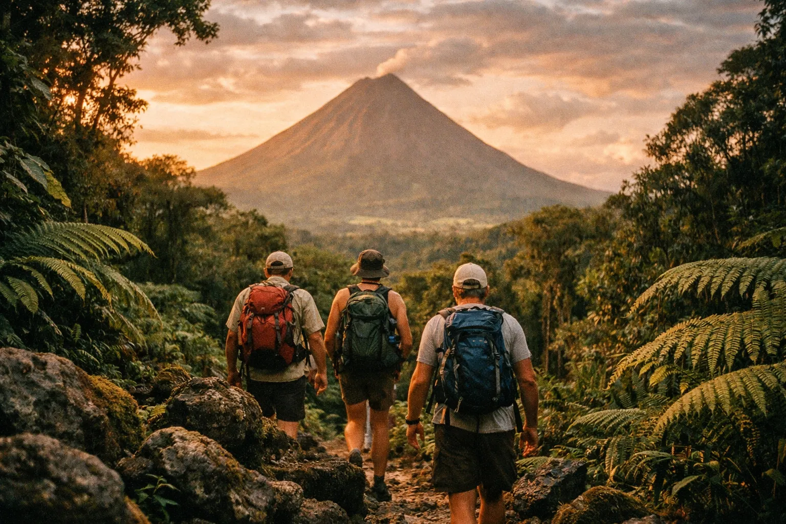 Hikers viewed from behind on a rainforest trail toward a distant Arenal Volcano at golden hour