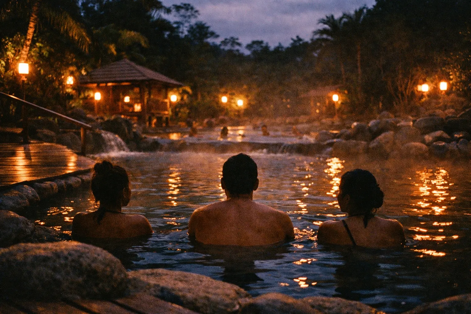 People soaking in La Fortuna hot springs at dusk, steam rising over wooden decks and volcanic rocks