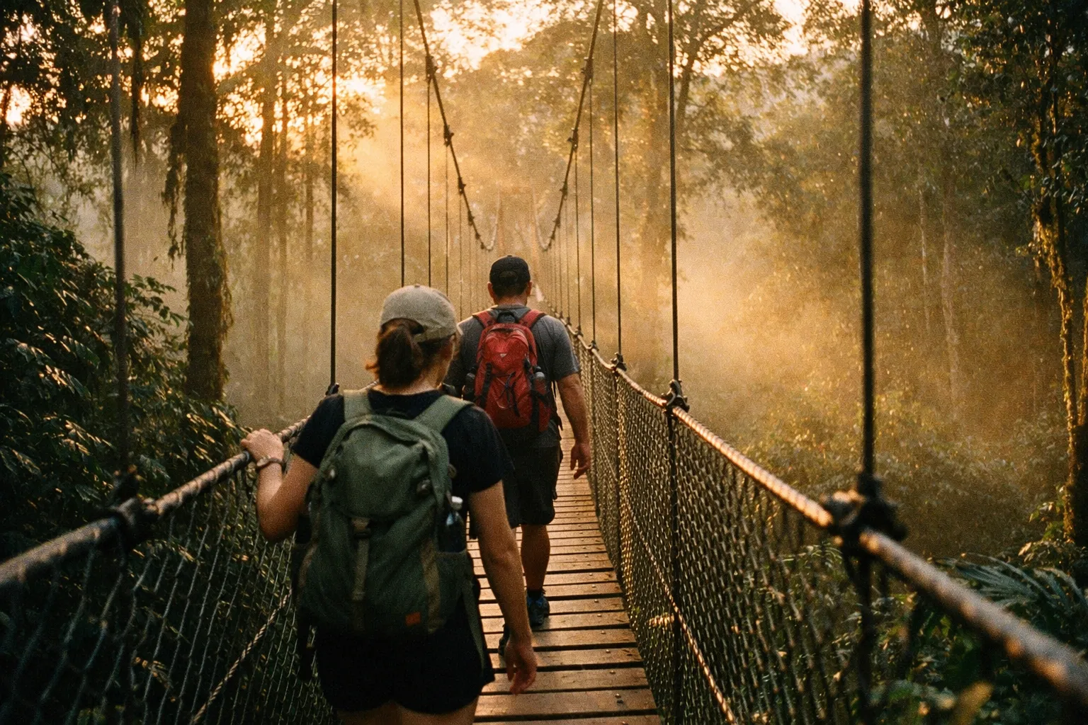 Mistico Hanging Bridges: a canopy bridge weaving through emerald rainforest, hikers seen from behind