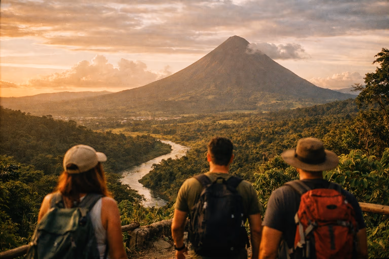 La Fortuna valley at golden hour with Arenal Volcano and lush rainforest, editorial landscape