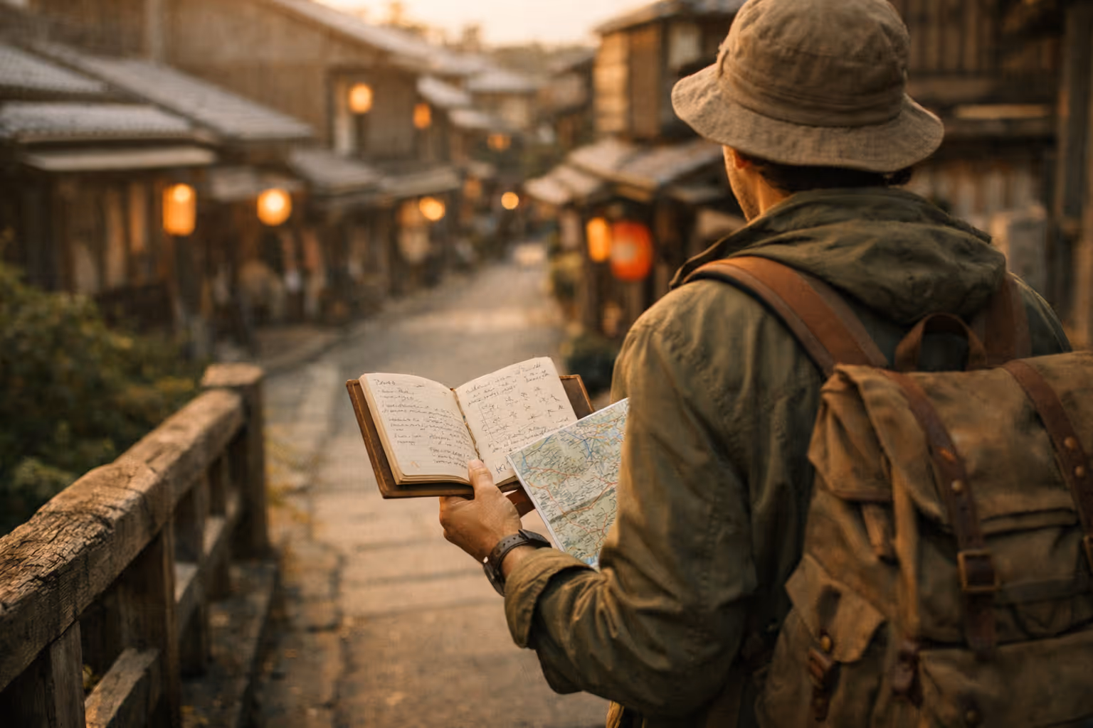 Editorial lead image: traveler with a notebook on a golden-hour street in Japan, viewed from behind