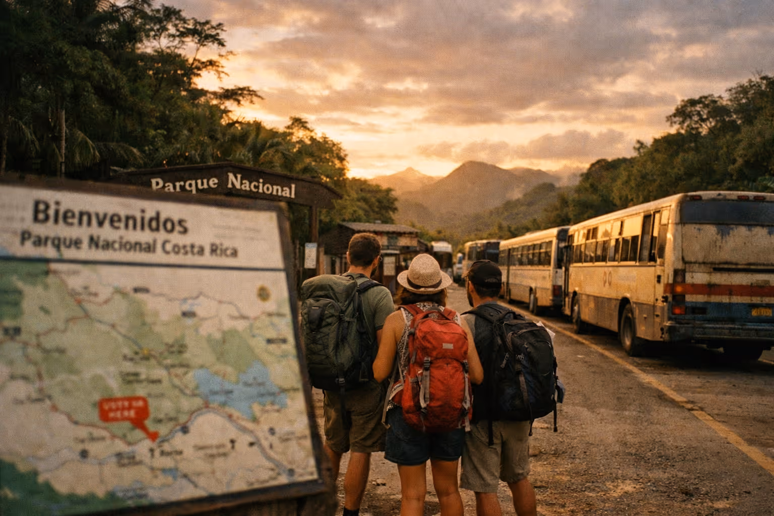 Costa Rica transit at golden hour: buses lining a park gateway, traveler with a backpack studying a map