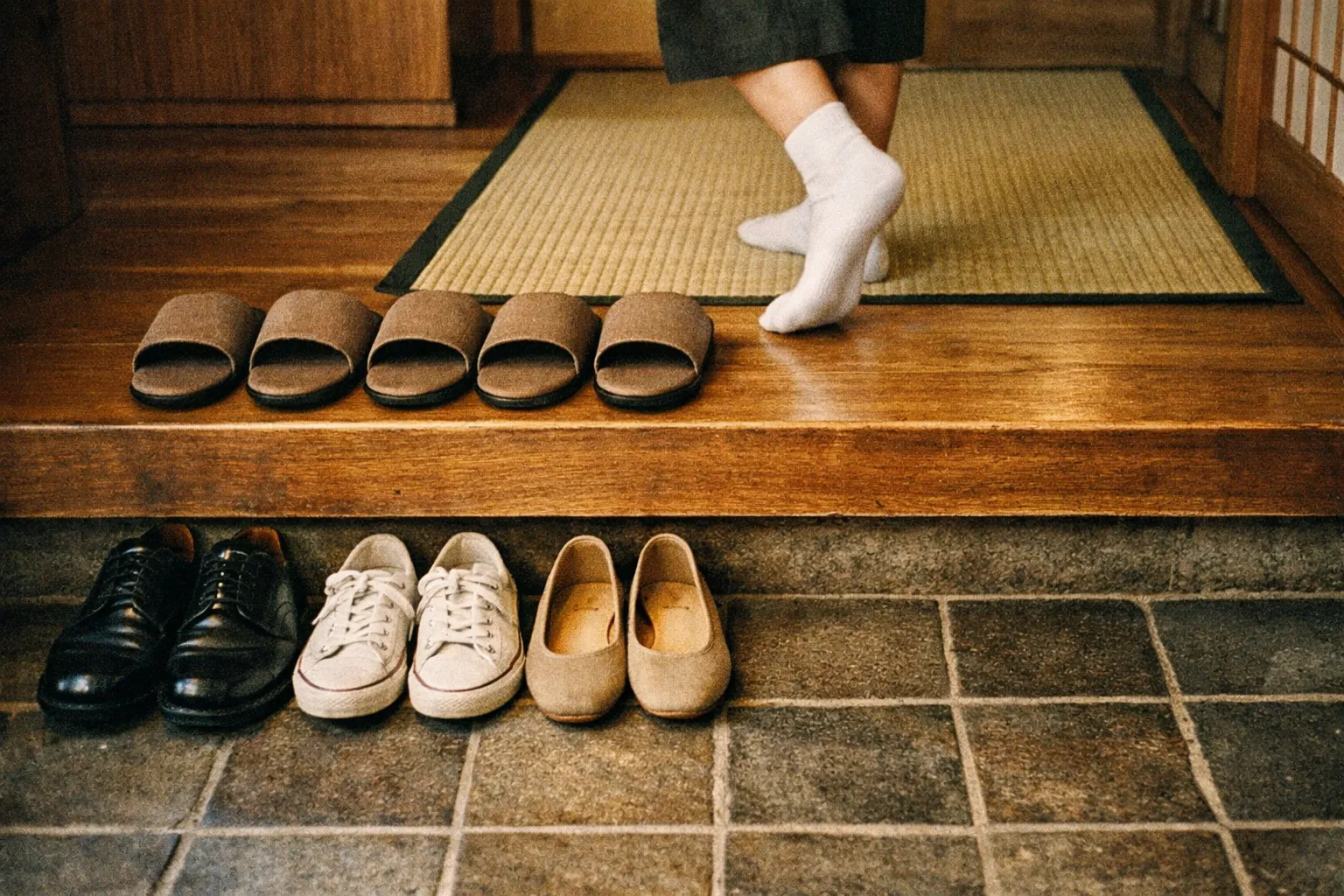 Genkan entry with shoes lined up and slippers ready, feet in socks stepping toward tatami