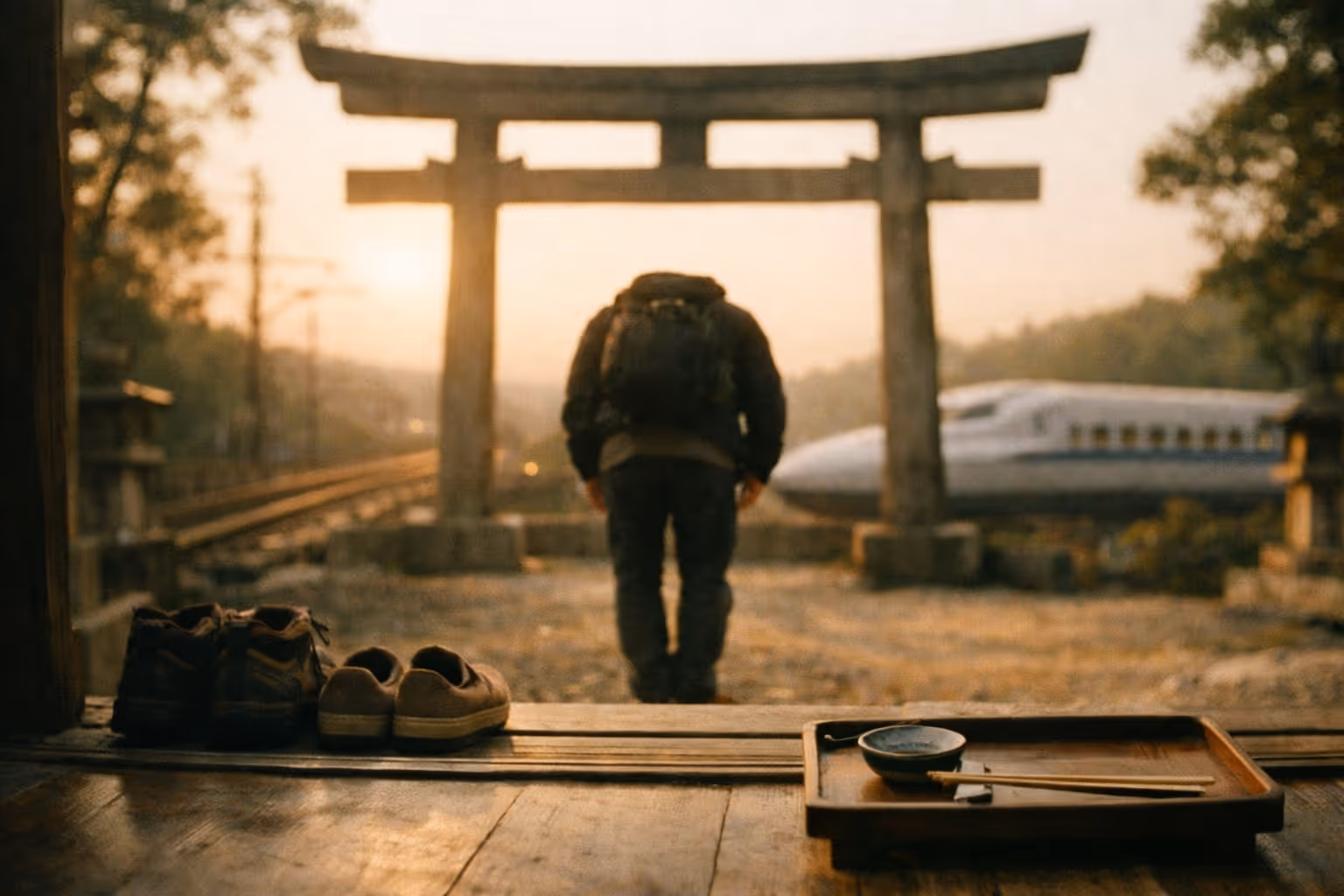 Editorial hero: a traveler silhouette bowing at a Shinto shrine, with hints of shoes at a genkan and a dining tray with chopsticks in the frame