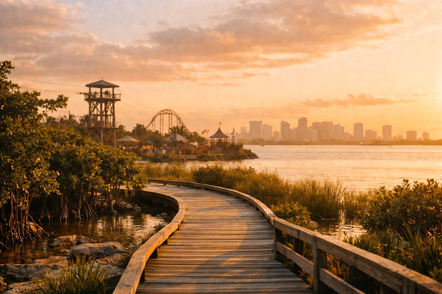 Golden-hour editorial panorama of a South Florida park path with distant city skyline and subtle silhouettes of thrill rides, conveying the sense of 'Escape the Beach' and park adventures around Miami.