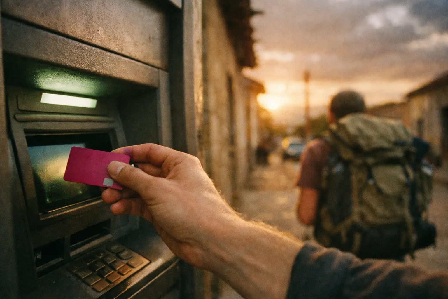 Hands guiding a magenta debit card into an outdoor ATM at golden hour