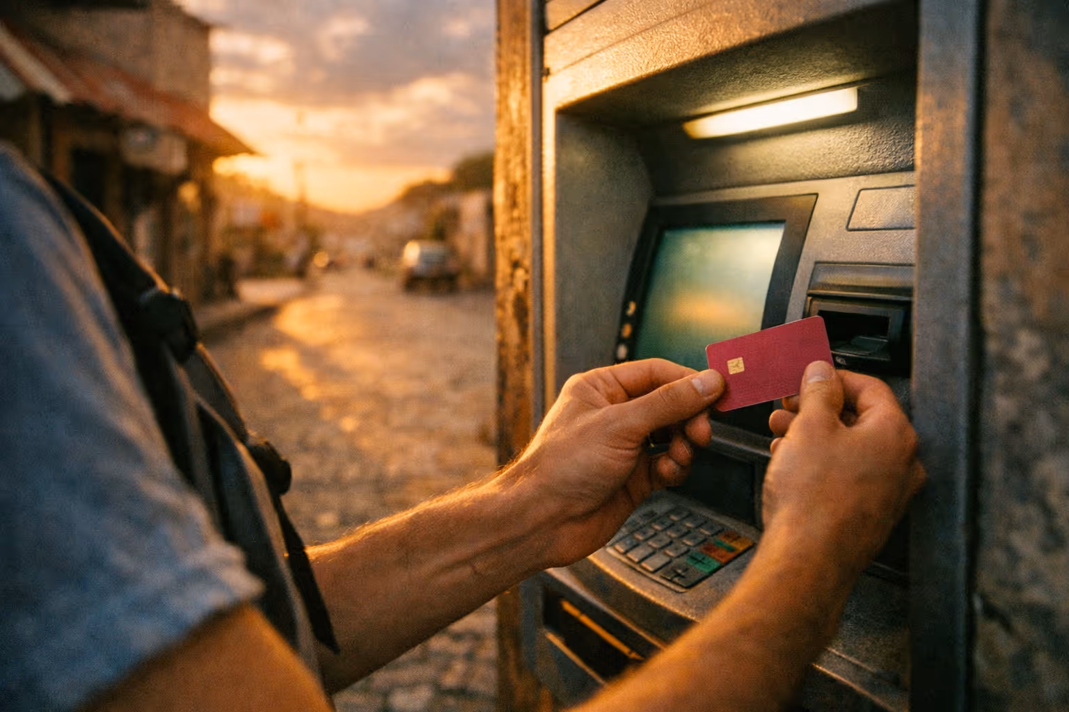 Hands holding a magenta debit card near an ATM during golden hour