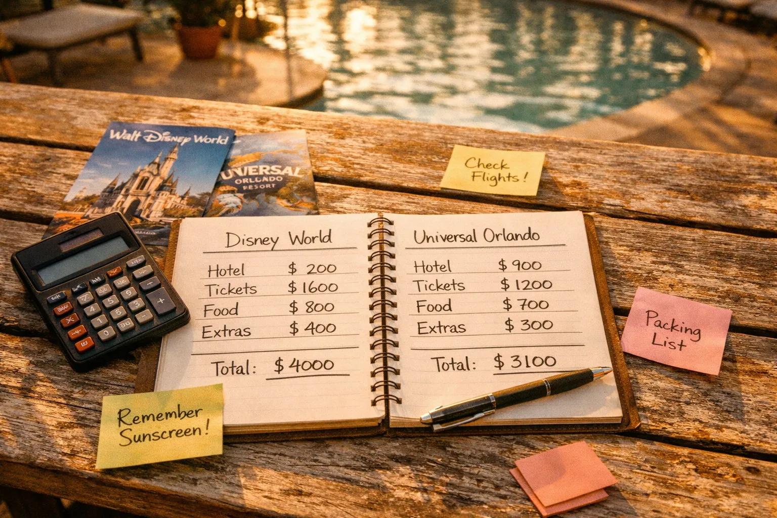 Planning a budget for Disney World and Universal Orlando with notebook, tickets, and price notes in warm light