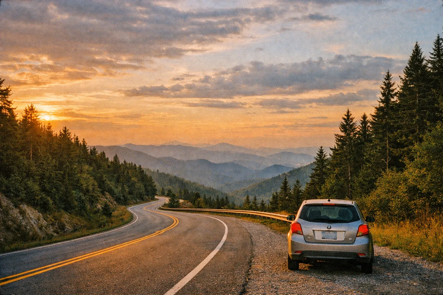Winding road through Great Smoky Mountains at golden hour