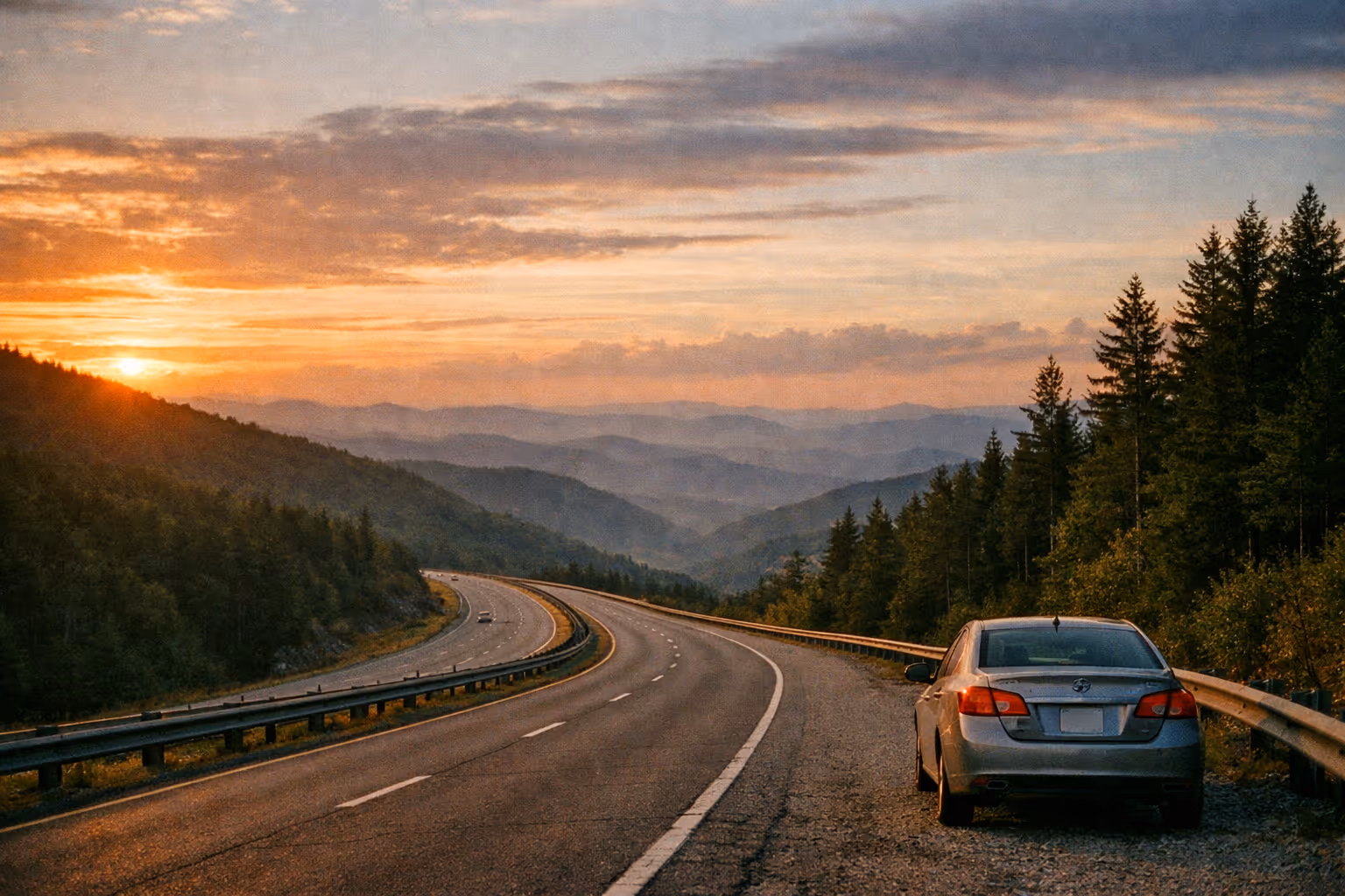Pennsylvania to Tennessee road trip landscape with winding highway through Appalachian mountains at golden hour