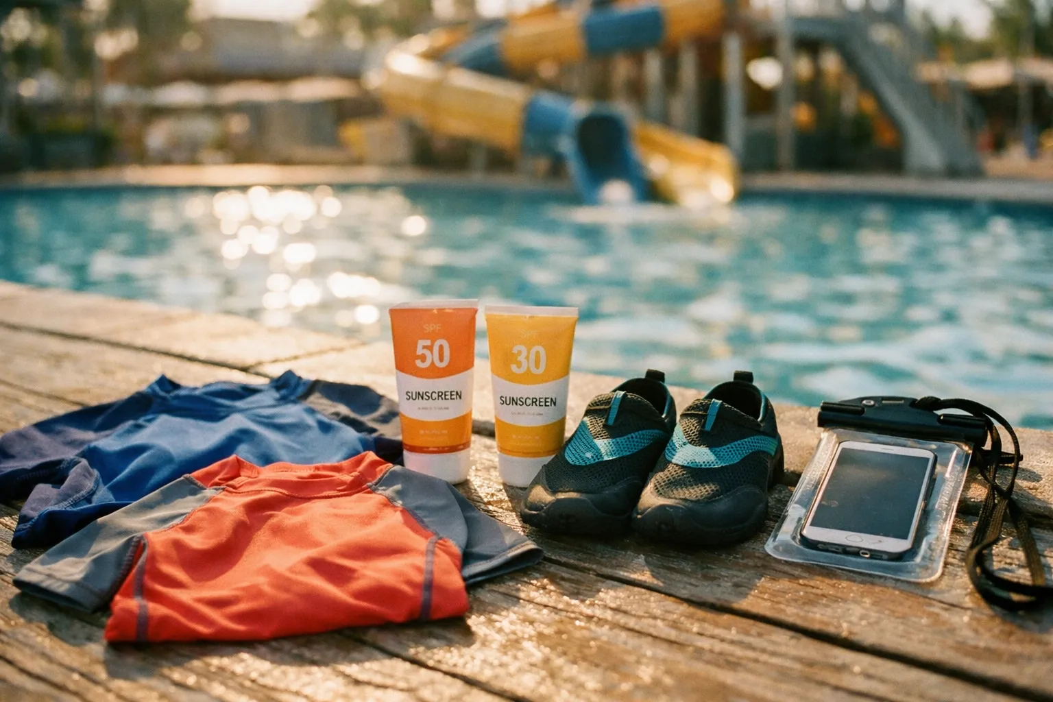 Water park day essentials on a pool deck: rash guards, sunscreen, water shoes and a waterproof pouch.
