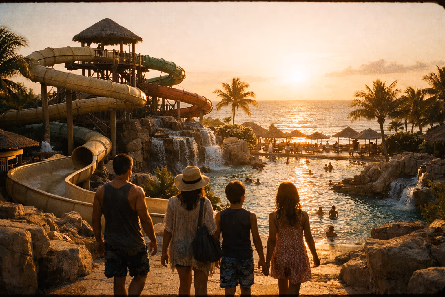 Hero editorial shot of a Puerto Rico water park resort at sunset with palm-fringed pools and distant Caribbean horizon