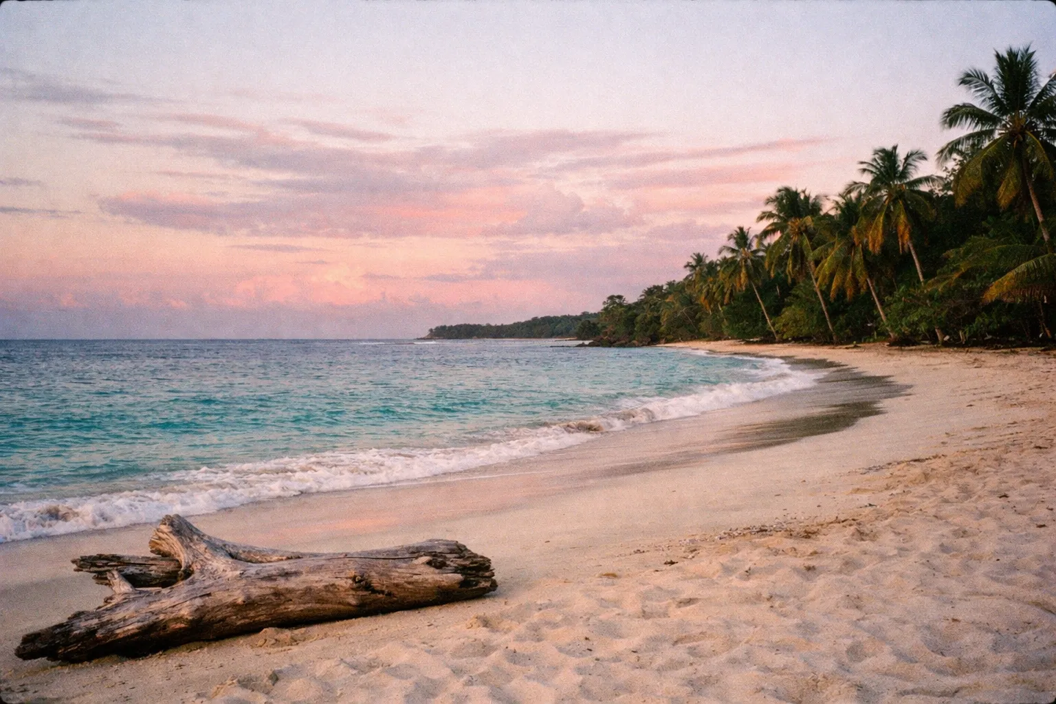 Secluded Caribbean beach just south of Puerto Viejo with palm trees and turquoise water at sunset.