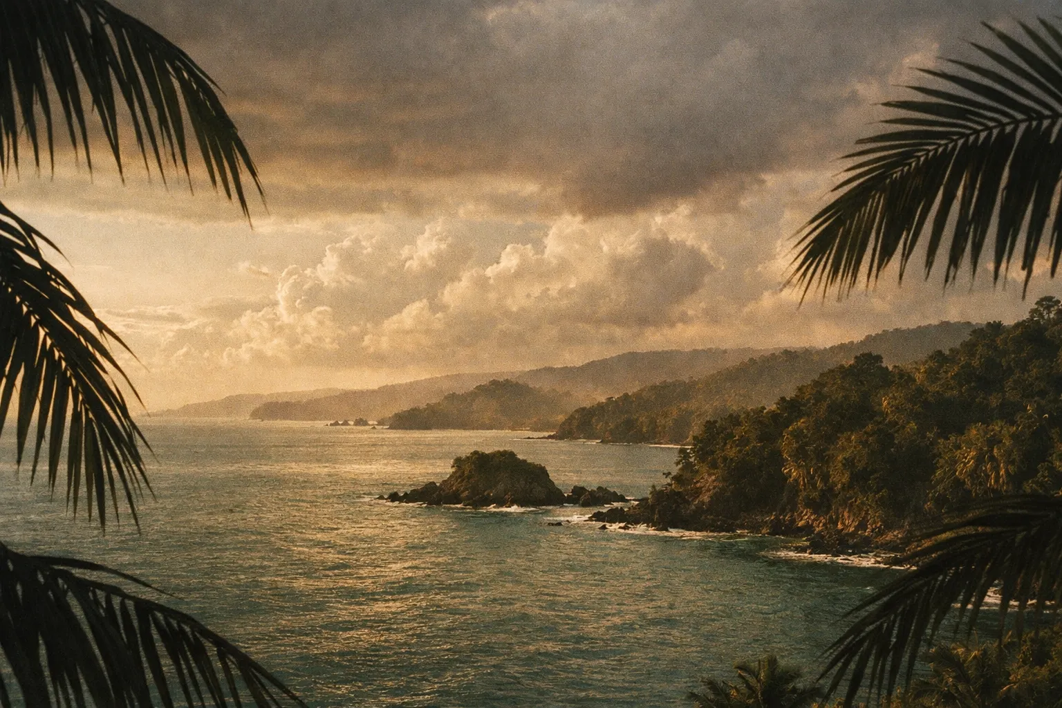 Sunset over Quepos coast with dramatic clouds and calm sea, palm silhouettes in the foreground