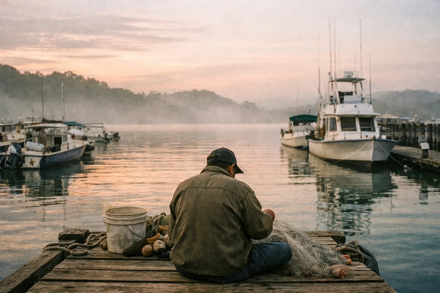 Serene Quepos harbor at dawn with moored boats and a lone fisherman mending nets on a wooden pier, seen from behind