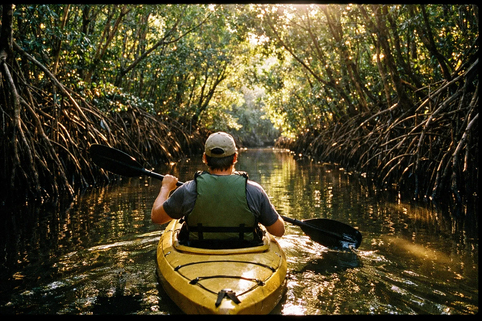 Back-view of a kayaker paddling through a narrow mangrove river in Quepos, dense green canopy above, reflections on still water
