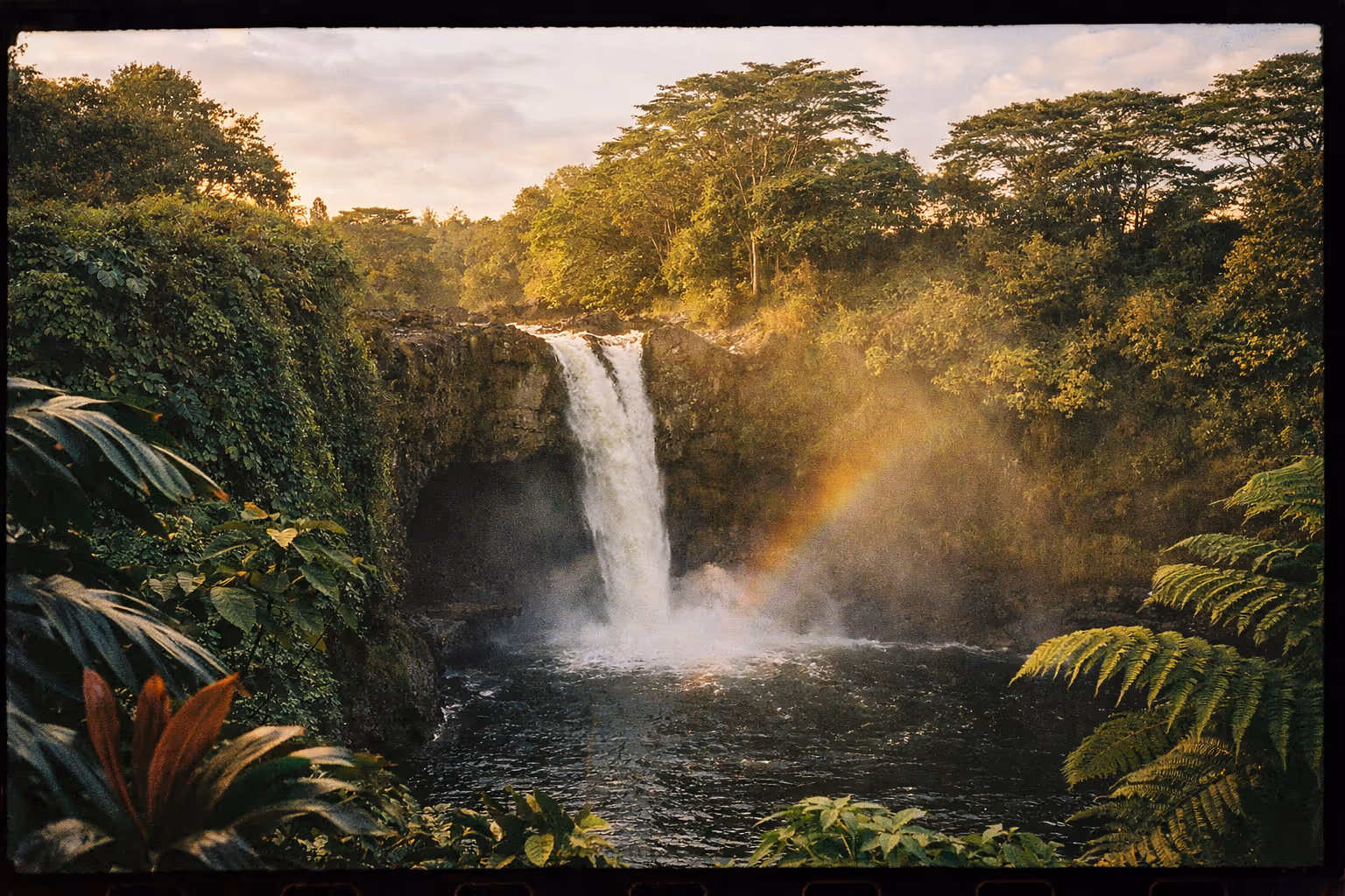Editorial hero image of Rainbow Falls at sunrise with a rainbow and jungle backdrop