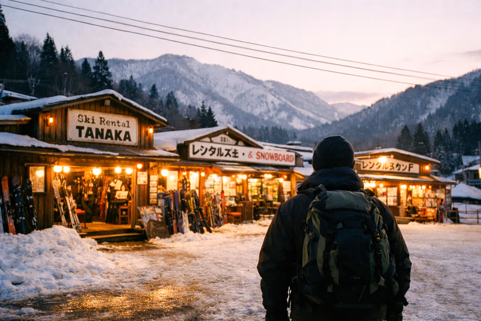 Wide dawn scene of a snowy Japanese mountain town, traveler with backpack facing away toward ski rental shops—warm light and distant mountains