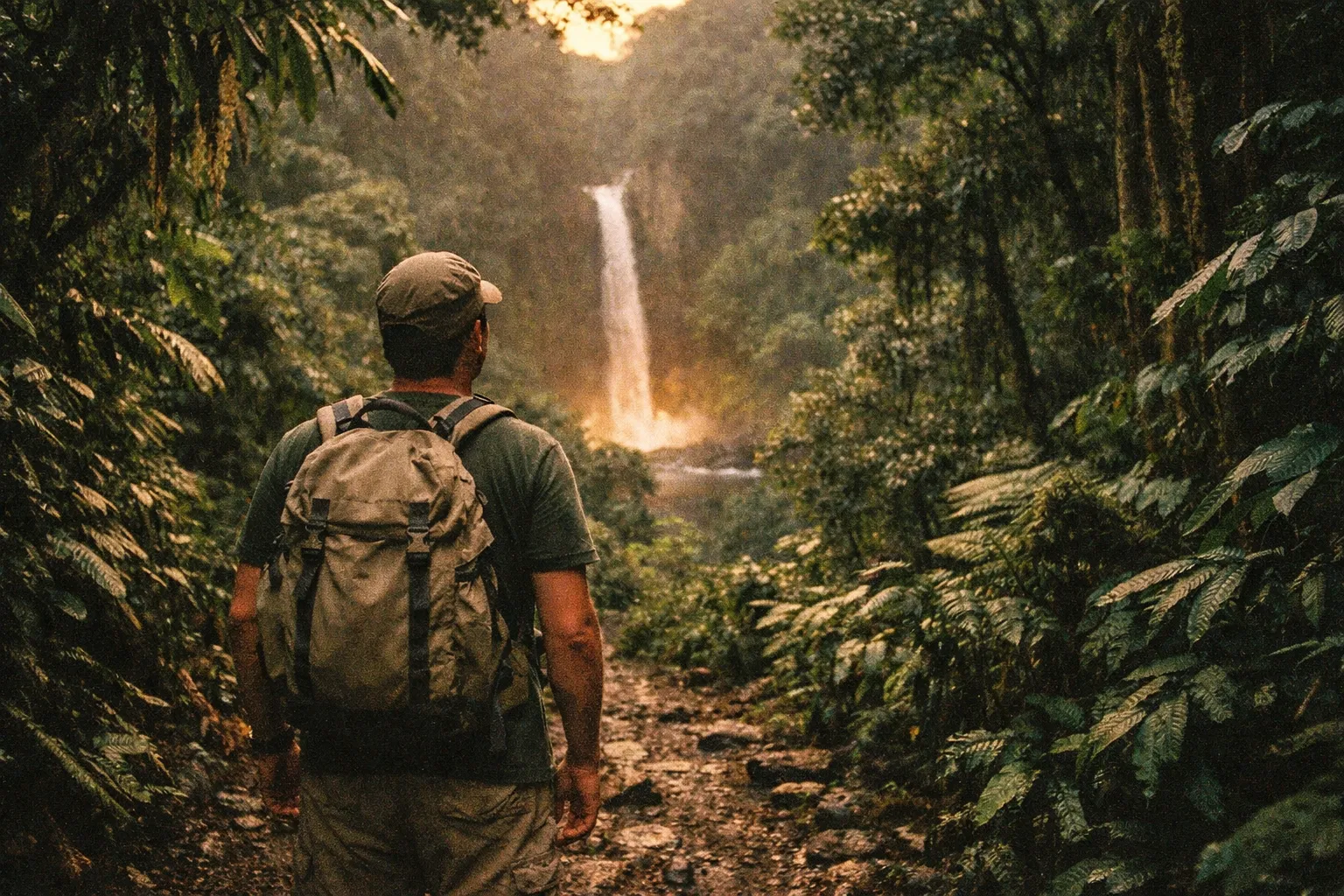 Hiker seen from behind on a rainforest trail at golden hour, illustrating wildlife safety in Costa Rica.